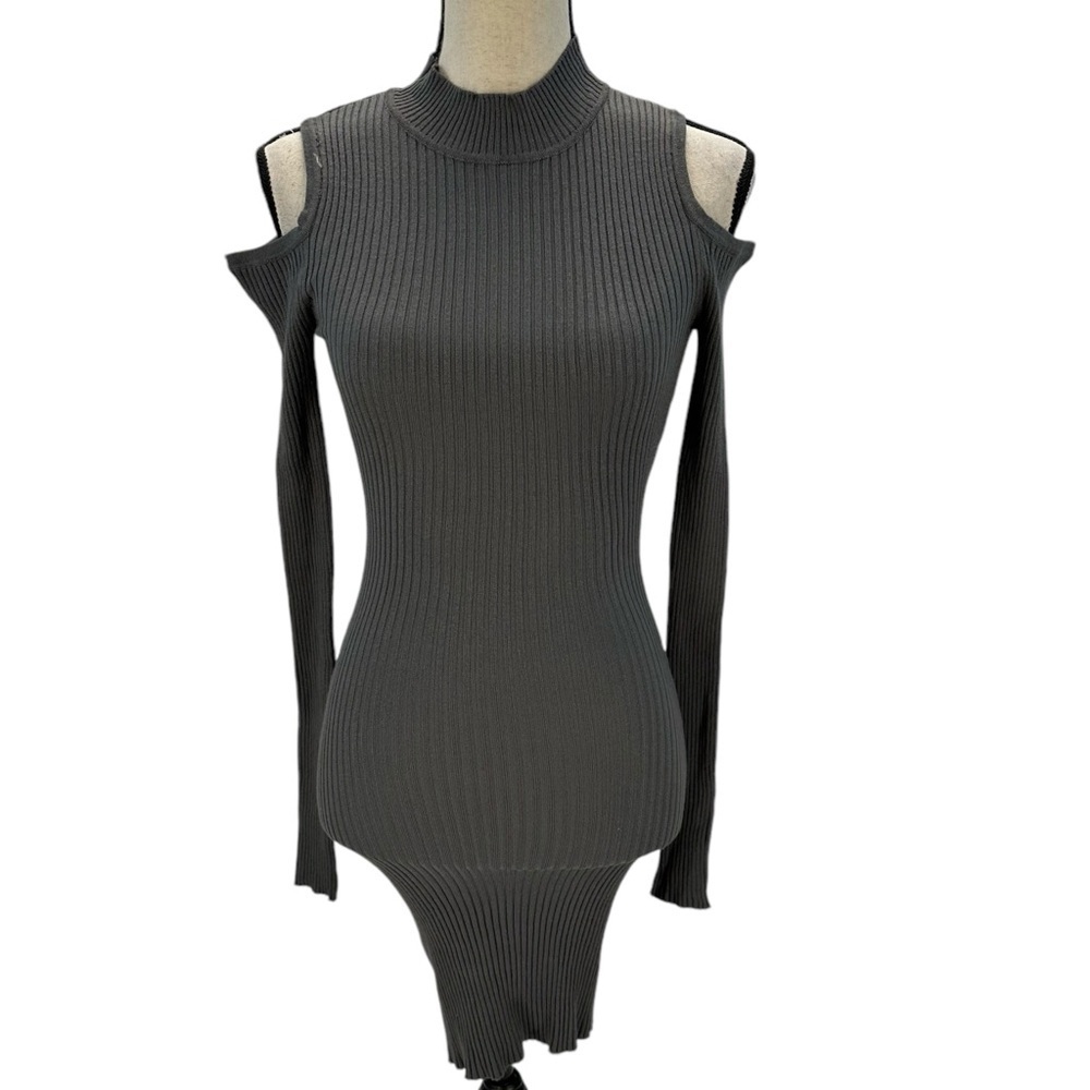 Planet Gold Long Sleeve Cold Shoulder Bodycon Mini Sweater Dress - Grey - Medium